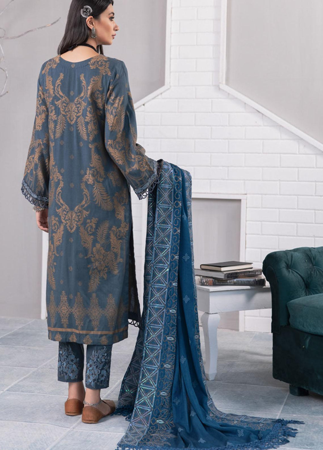 Nureh Embroidered Jacquard Leather Peach Suits Unstitched 3 Piece NU21JL J-06 - Winter Collection