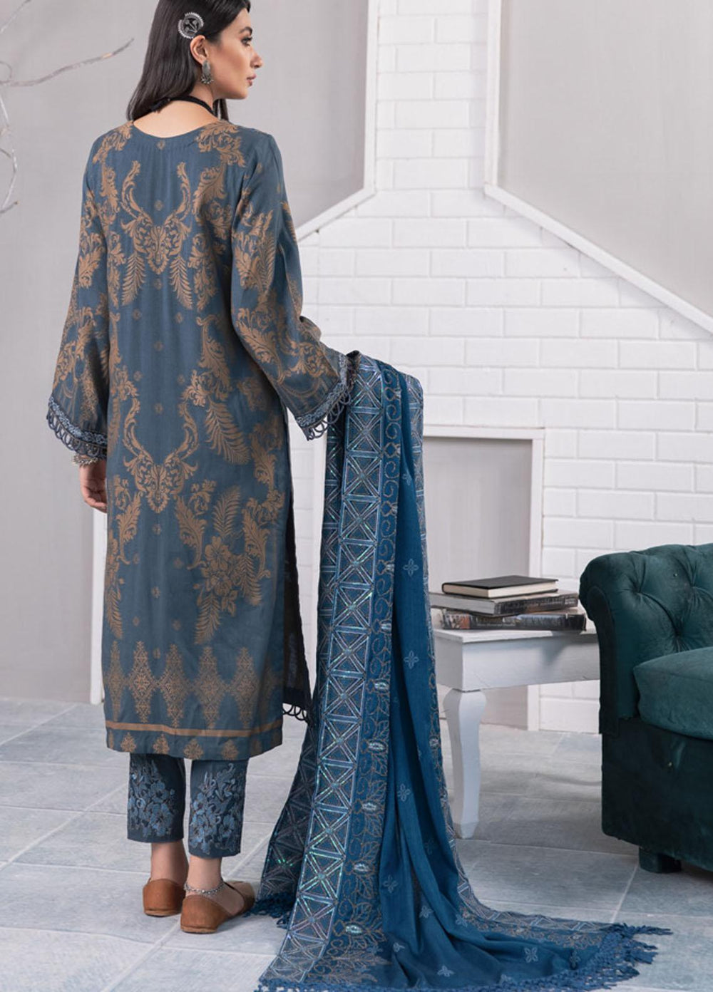 Nureh Embroidered Jacquard Leather Peach Suits Unstitched 3 Piece NU21JL J-06 - Winter Collection