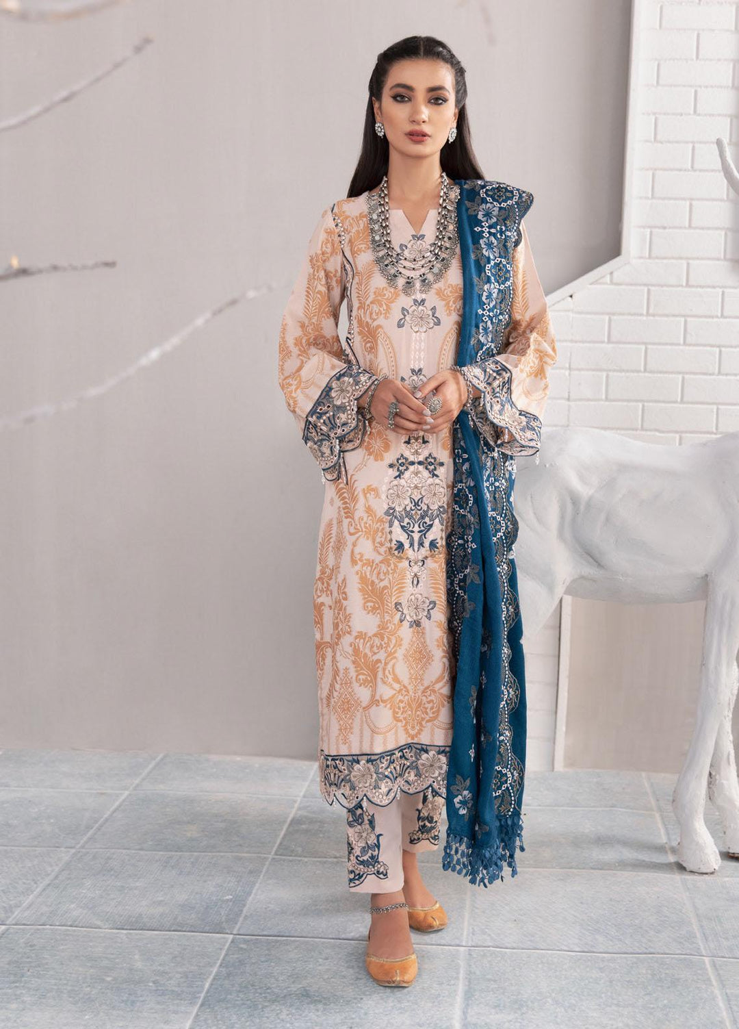 Nureh Embroidered Jacquard Leather Peach Suits Unstitched 3 Piece NU21JL J-07 - Winter Collection