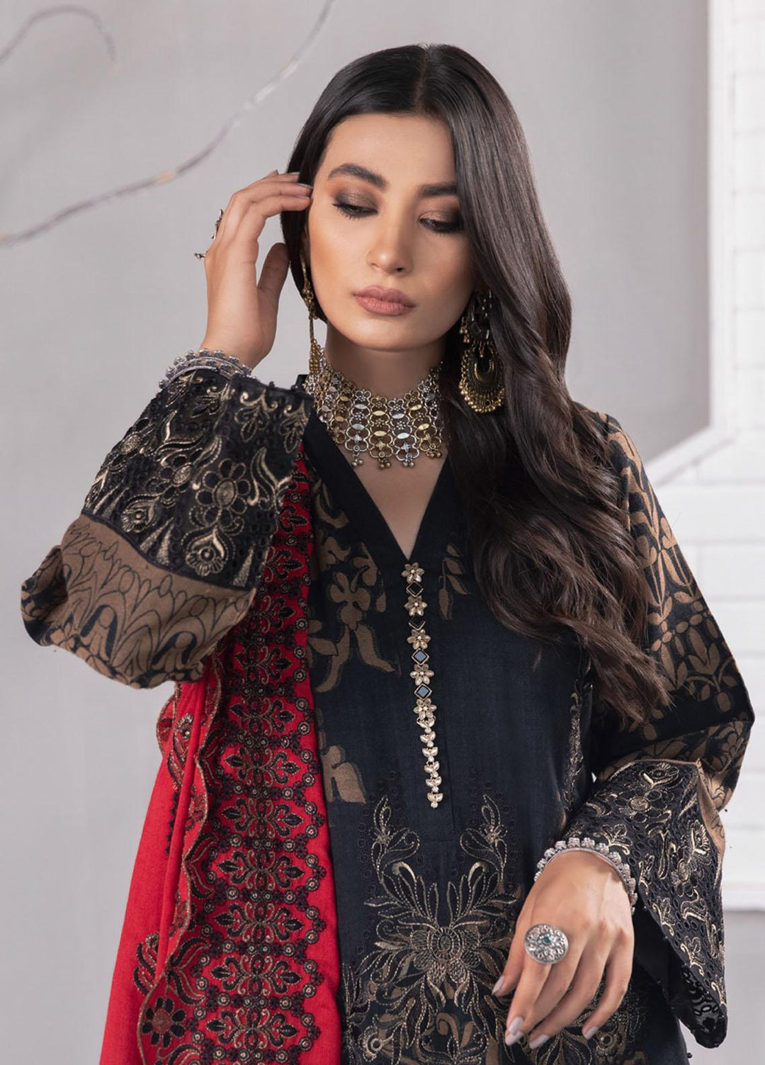 Nureh Embroidered Jacquard Leather Peach Suits Unstitched 3 Piece NU21JL J-08 - Winter Collection