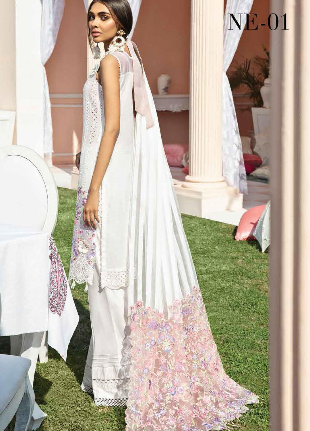 Nureh Embroidered Lawn Suits Unstitched 3 Piece NU21L 01 White Crimson - Luxury Collection