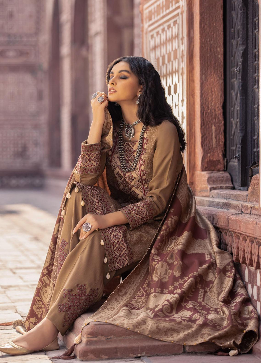Nureh Embroidered Leather Peach Suits Unstitched 3 Piece NU21LP NE-15 MAHI - Winter Collection