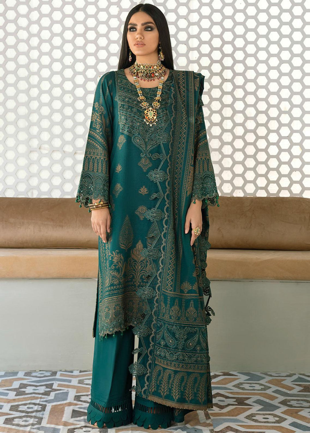 Nureh Embroidered Leather Peach Suits Unstitched 3 Piece NU21EJ NJ-17 Emperial - Winter Collection