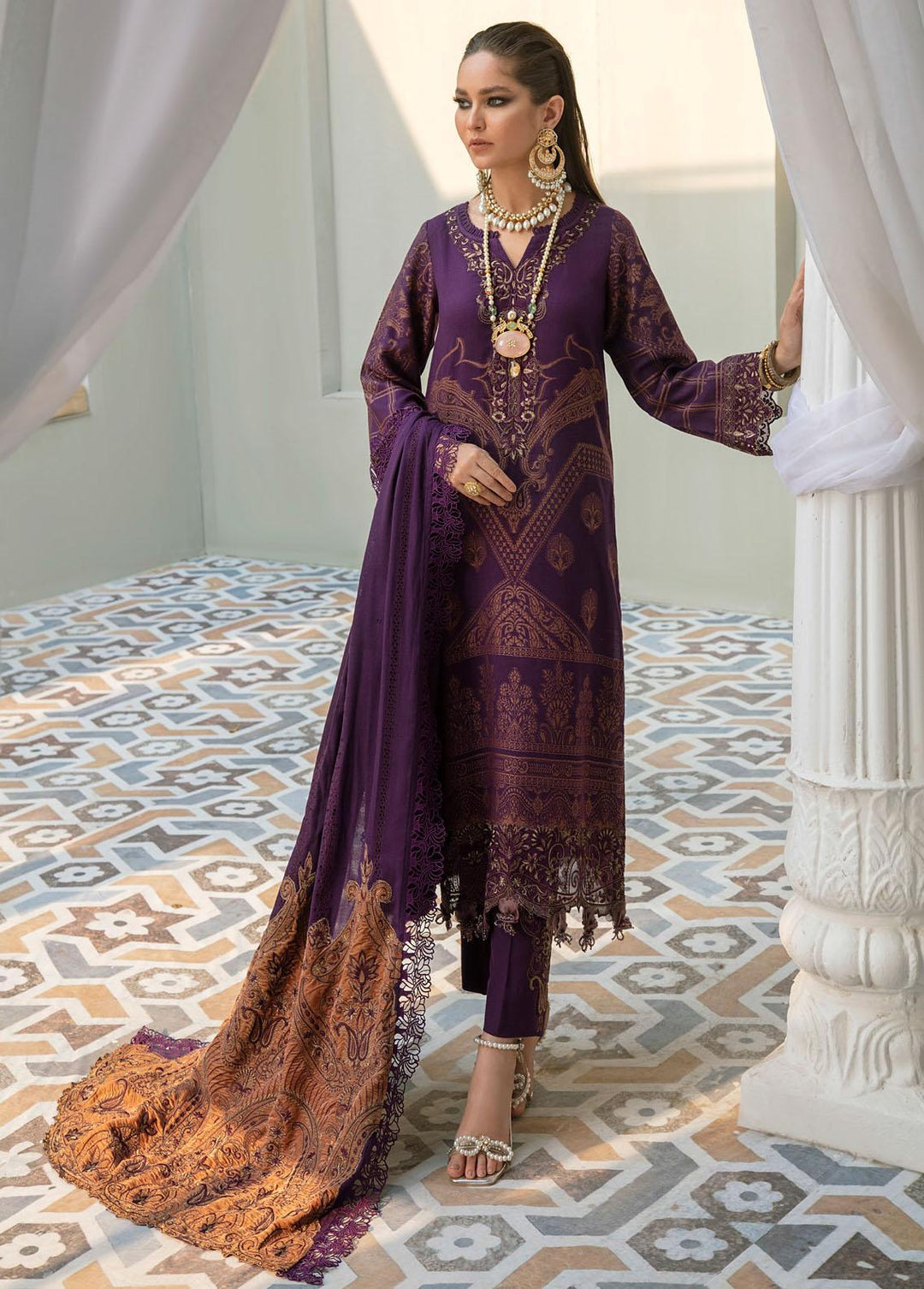 Nureh Embroidered Leather Peach Suits Unstitched 3 Piece NU21EJ NJ-22 Rosa Allure - Winter Collection