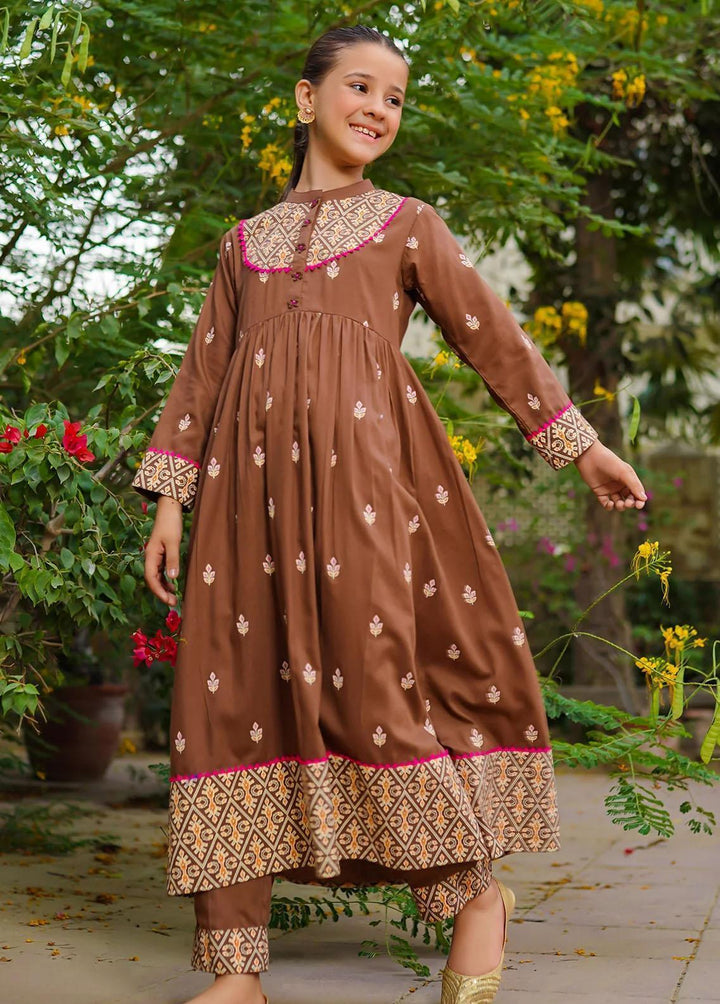Ochre Cotton Printed 2 Piece Suit for Girls -  OFW-LD-04