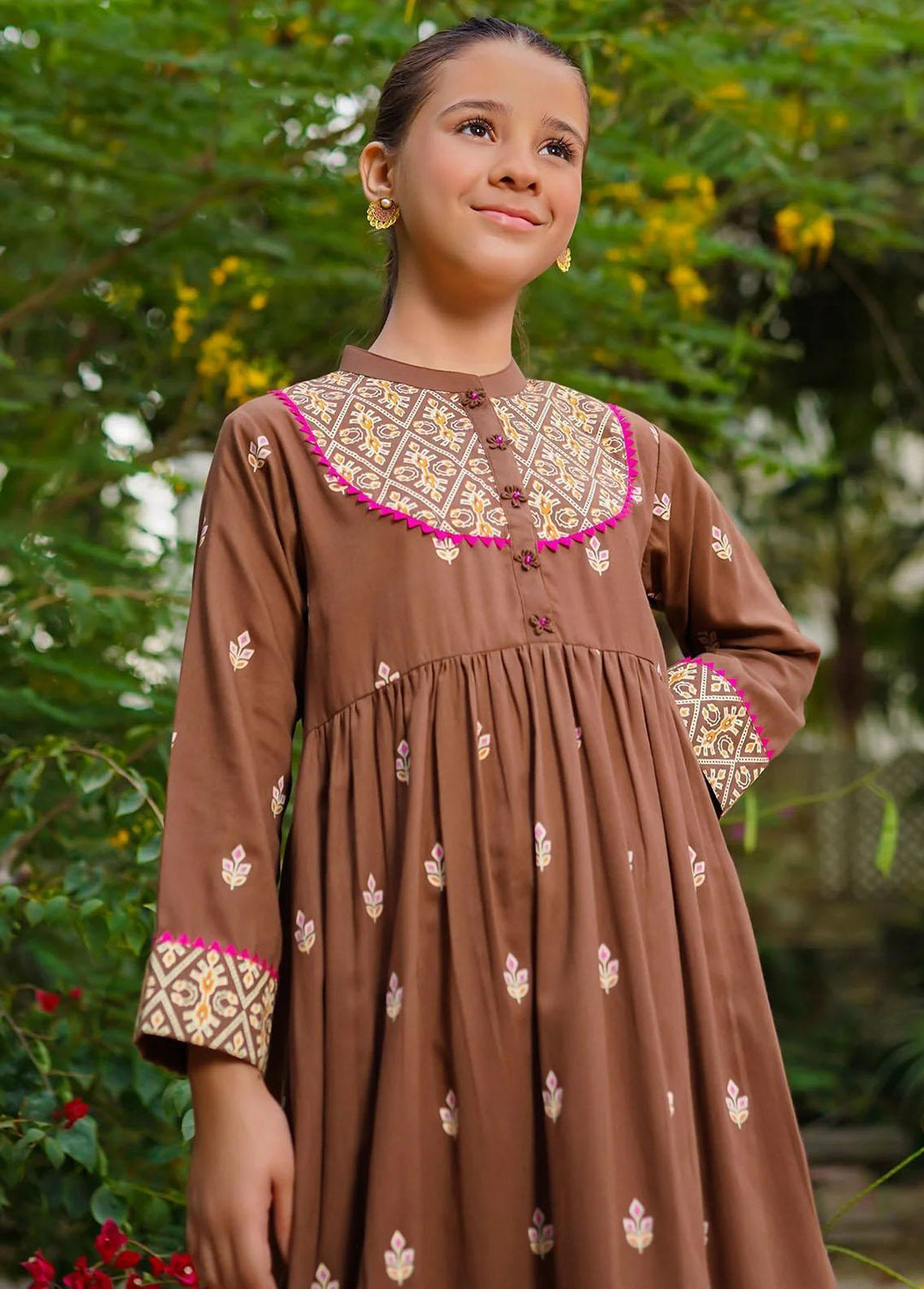 Ochre Cotton Printed 2 Piece Suit for Girls -  OFW-LD-04