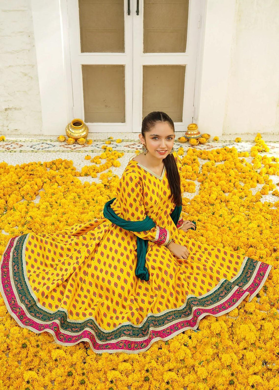 Ochre Charmeuse Printed 3 Piece Suit for Girls -  OFW-MHD-04