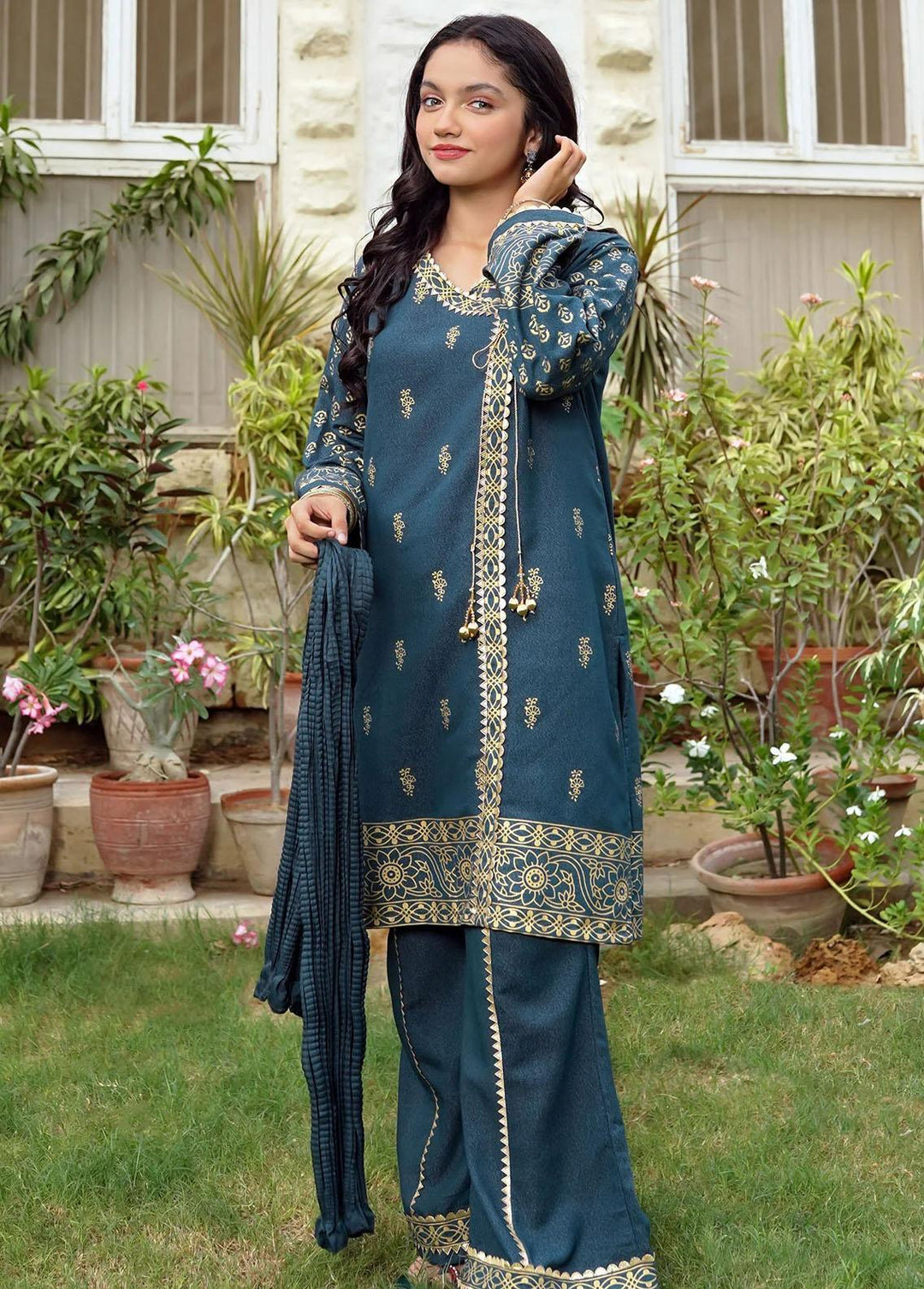 Ochre Cotton Printed 3 Piece Suit for Girls -  OFW-PC-21
