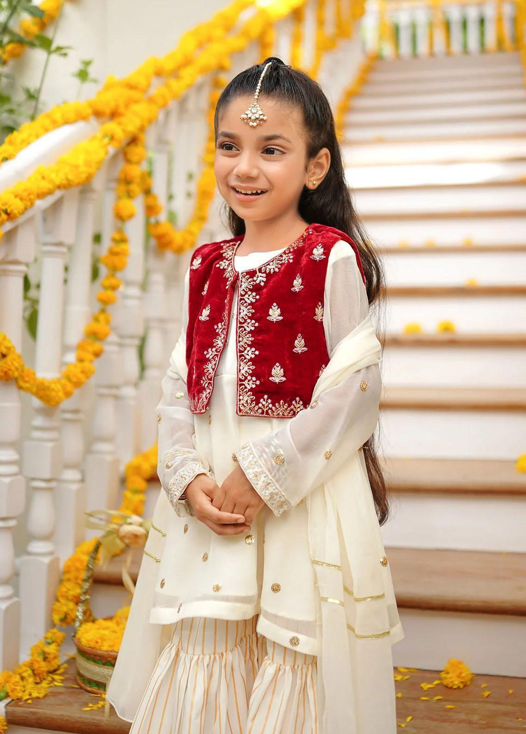 Ochre Chiffon Embroidered 3 Piece Suit for Girls -  OFW-SHD-01