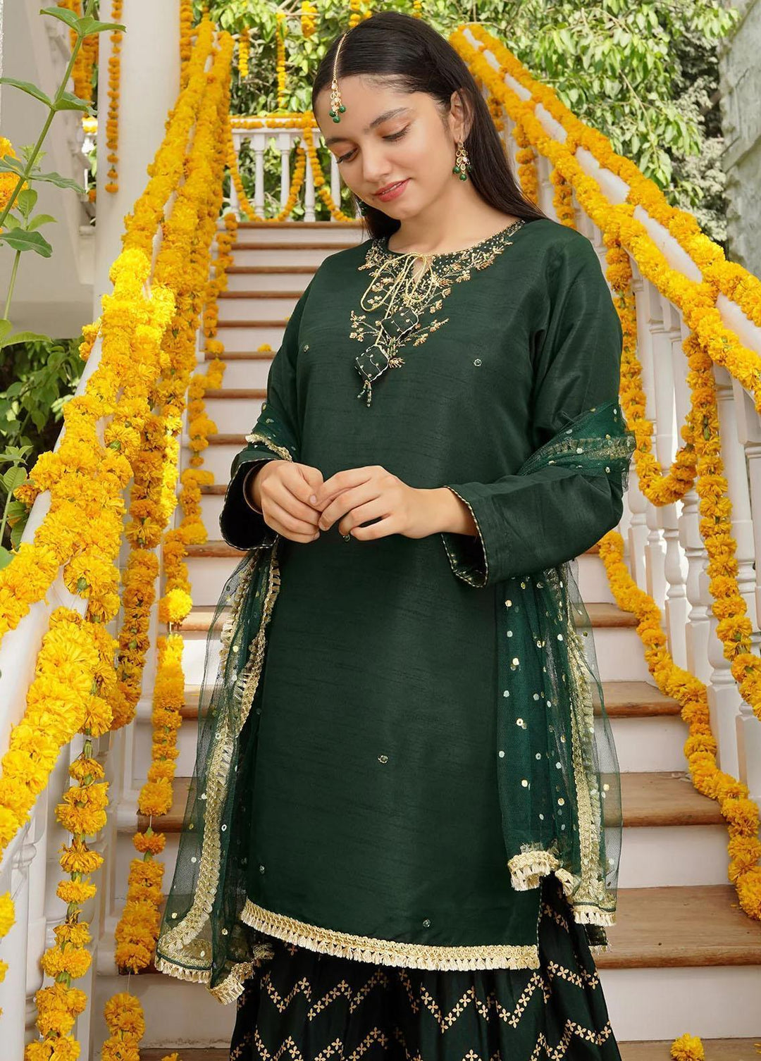 Ochre Raw Silk Eastern 3 Piece Suit for Girls -  OFW-SHD-02