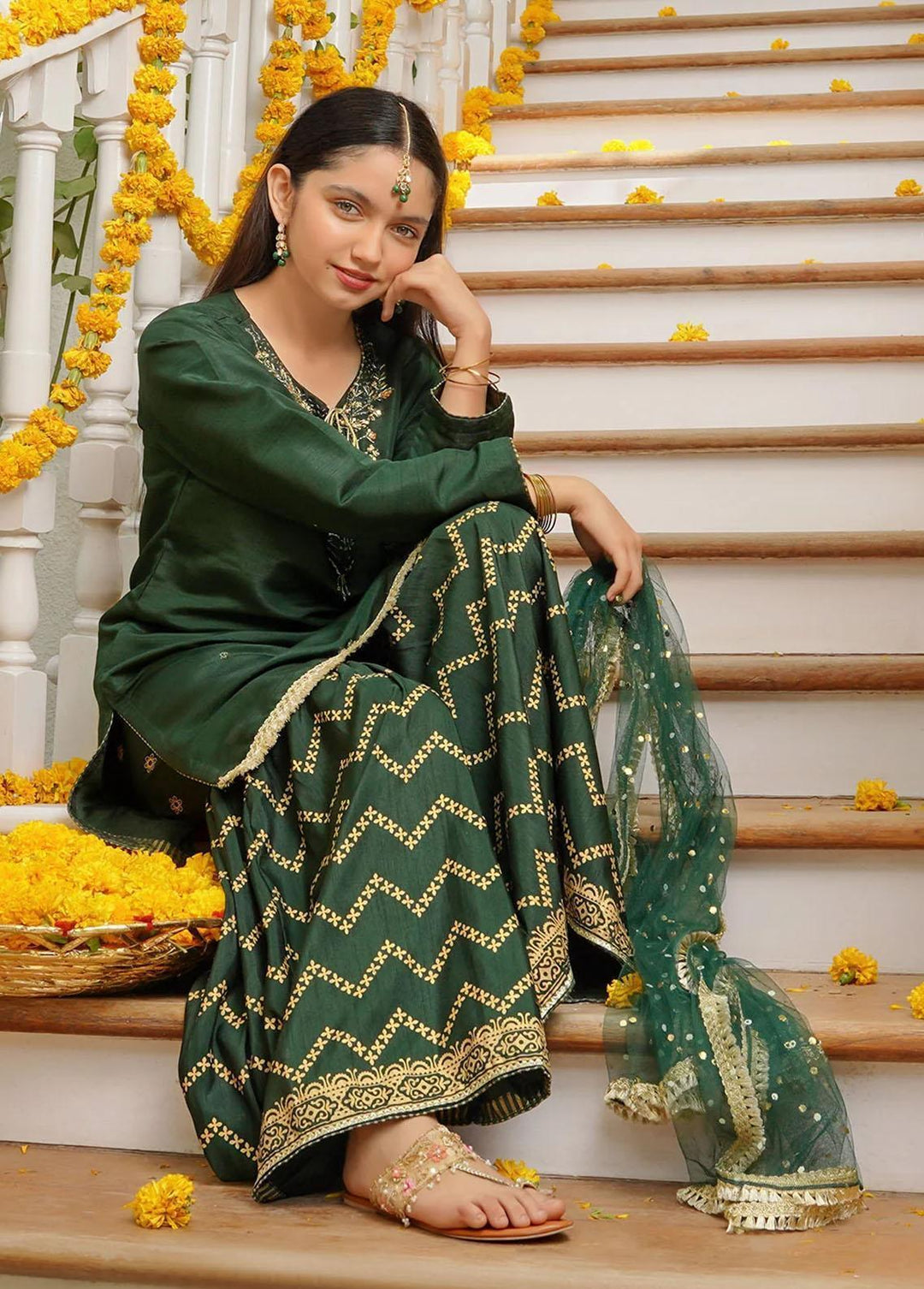 Ochre Raw Silk Eastern 3 Piece Suit for Girls -  OFW-SHD-02