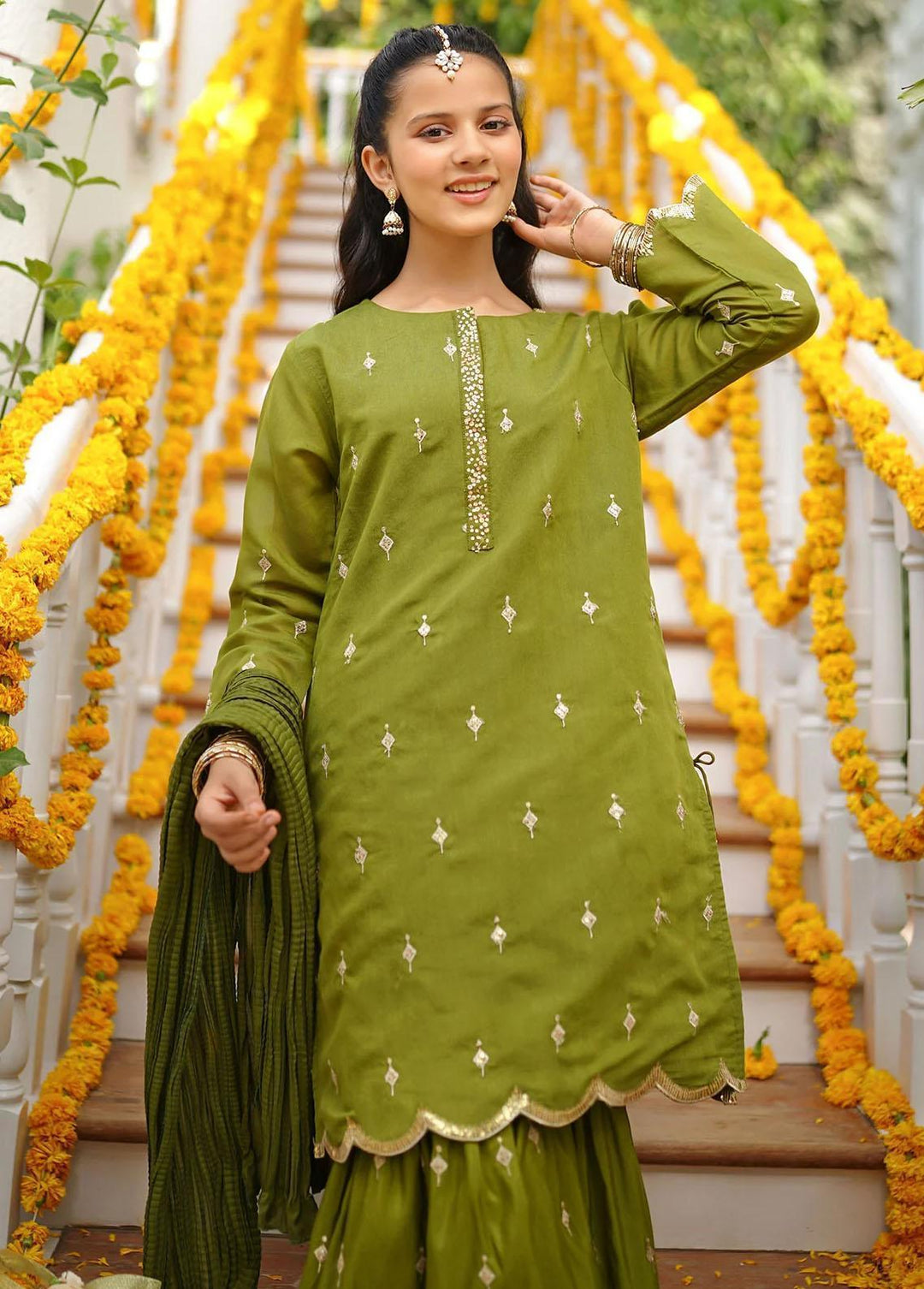 Ochre Cotton Embroidered 3 Piece Suit for Girls -  OFW-SHD-03