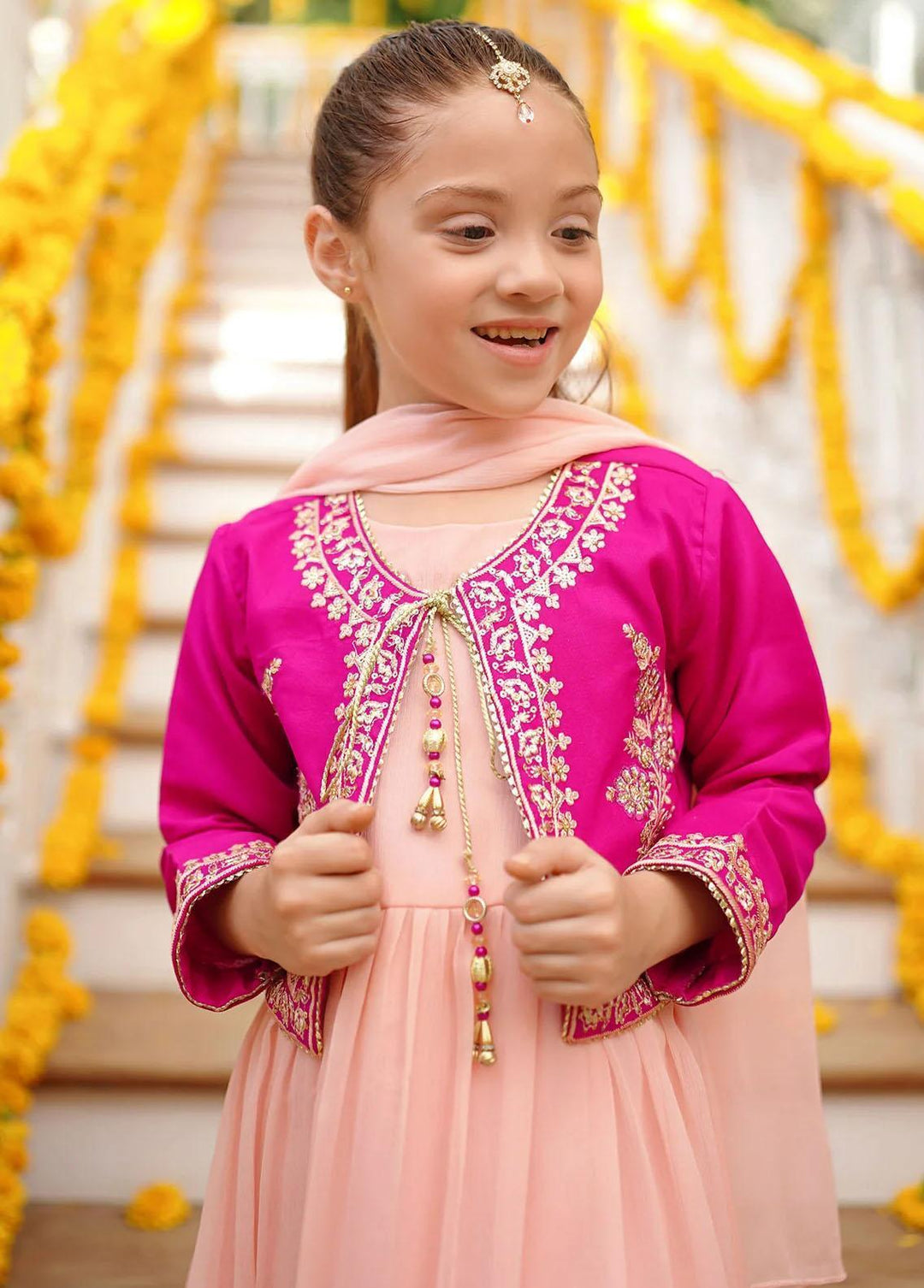 Ochre Chiffon Embroidered 3 Piece Suit for Girls -  OFW-SHD-05