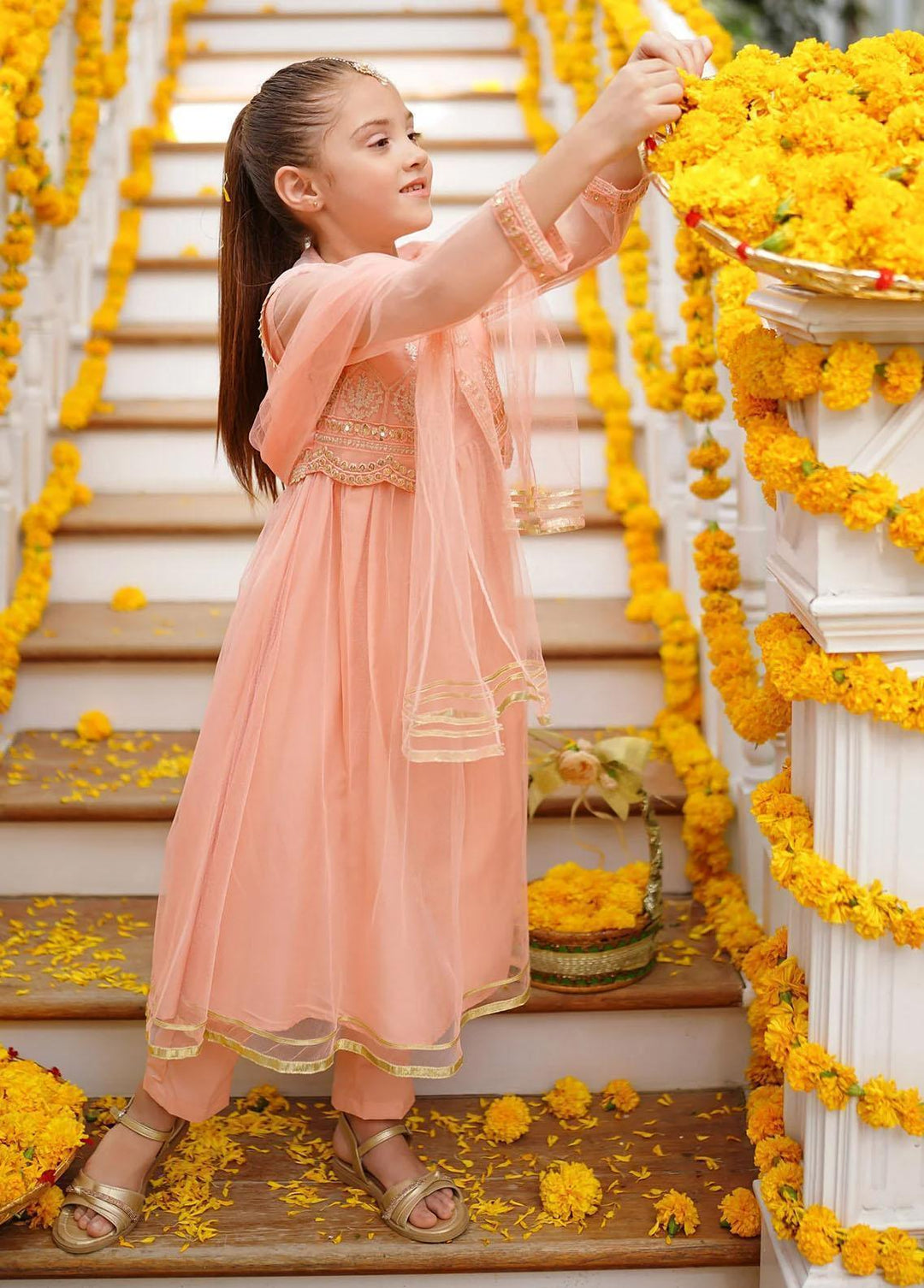Ochre Net Embroidered 3 Piece Suit for Girls -  OFW-SHD-06