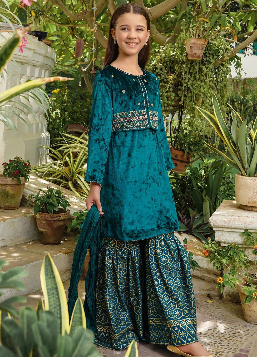 Ochre Velvet Eastern 3 Piece Suit for Girls -  OVF-31