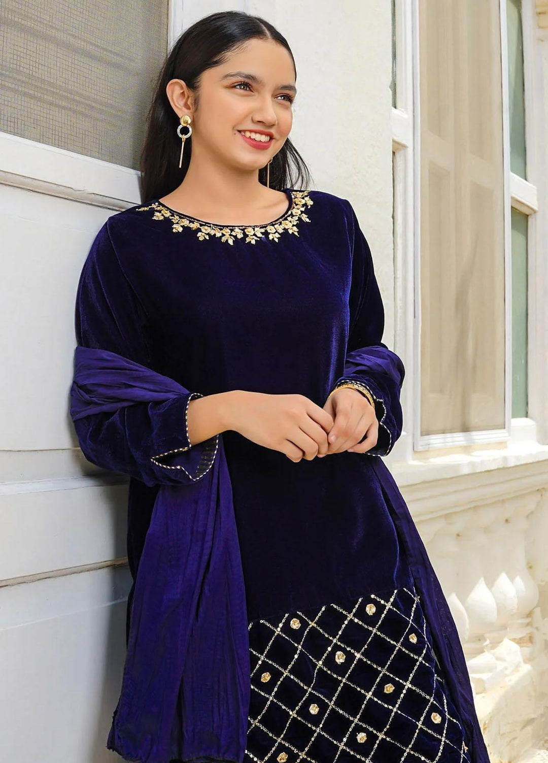 Ochre Velvet Eastern 3 Piece Suit for Girls -  OVF-33