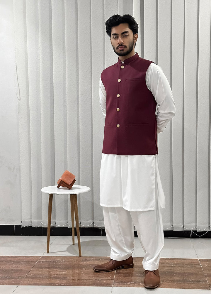 Off White Kurta Shalwar with Maroon Waistcoat
