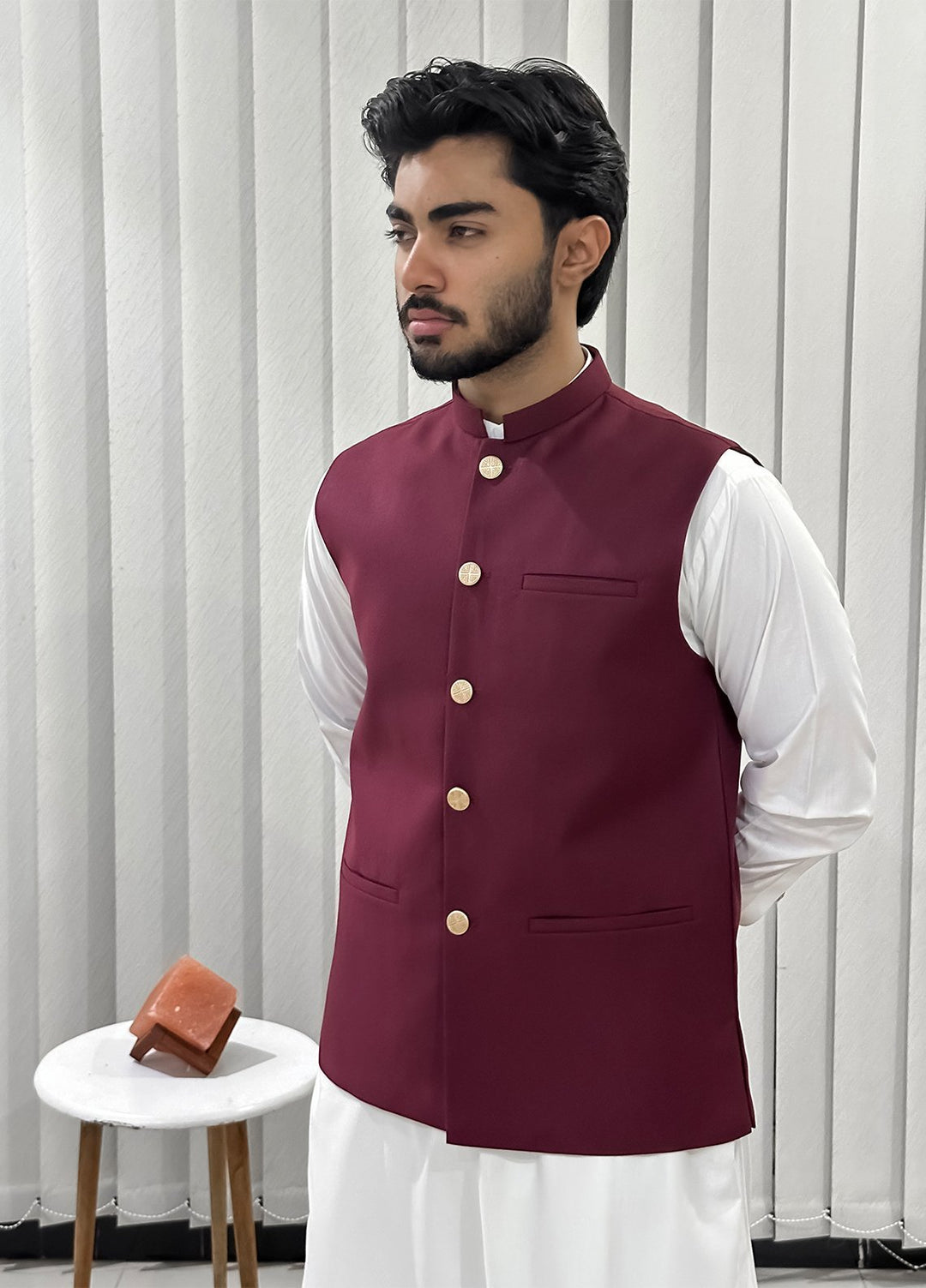 Off White Kurta Shalwar with Maroon Waistcoat