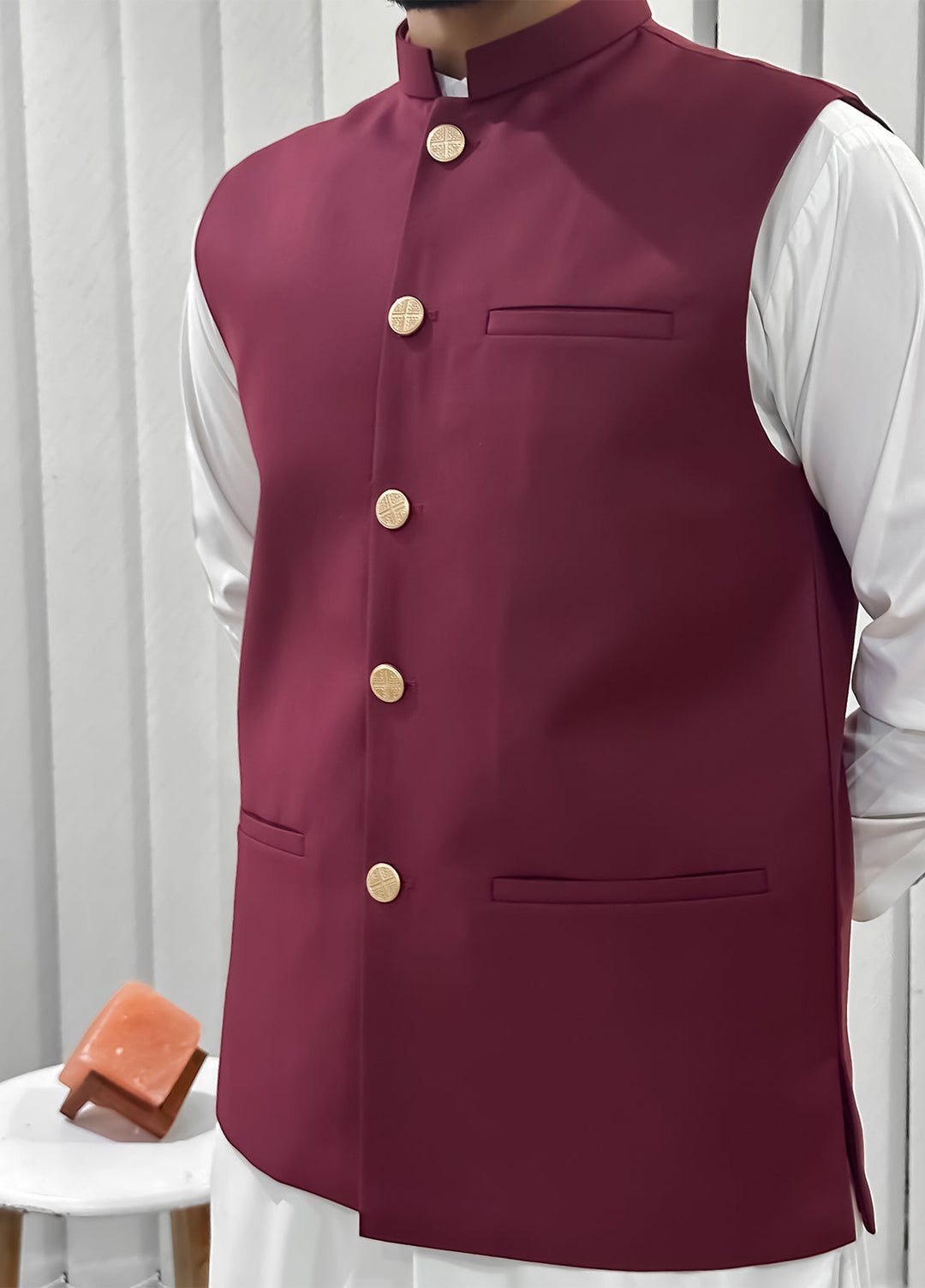 Off White Kurta Shalwar with Maroon Waistcoat