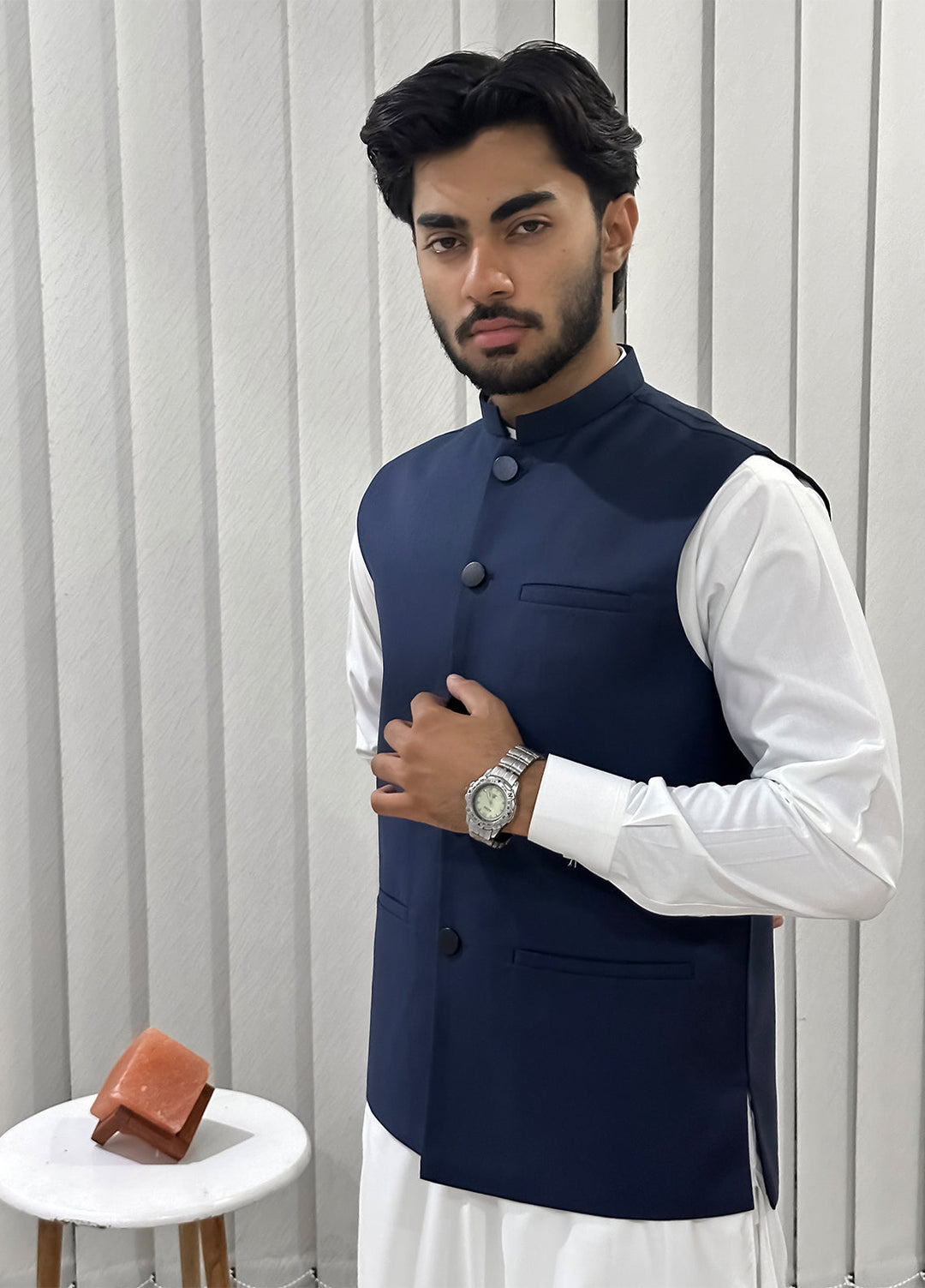 Off White Kurta Shalwar with Navy Blue Waistcoat