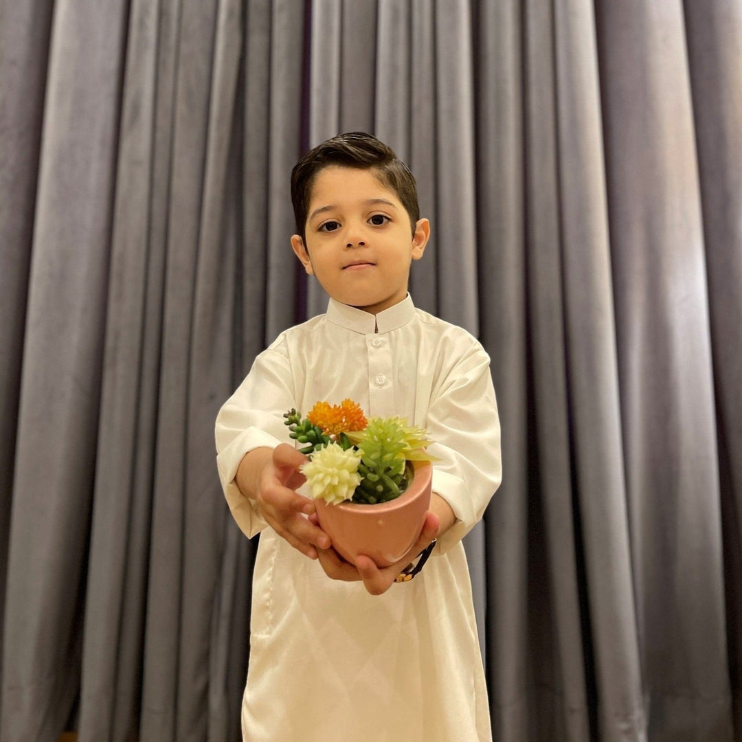 Muraqsh Ready To Wear Solids Cotton Boys Off White Blended Kurta Trouser MUR-OWK - Summer Collection