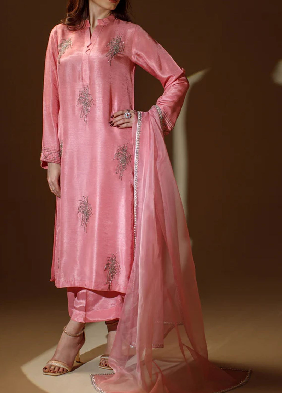 Ombrella Pret Embroidered Korean Raw Silk 3 Piece Pink Flair