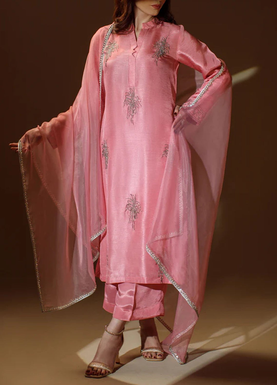 Ombrella Pret Embroidered Korean Raw Silk 3 Piece Pink Flair