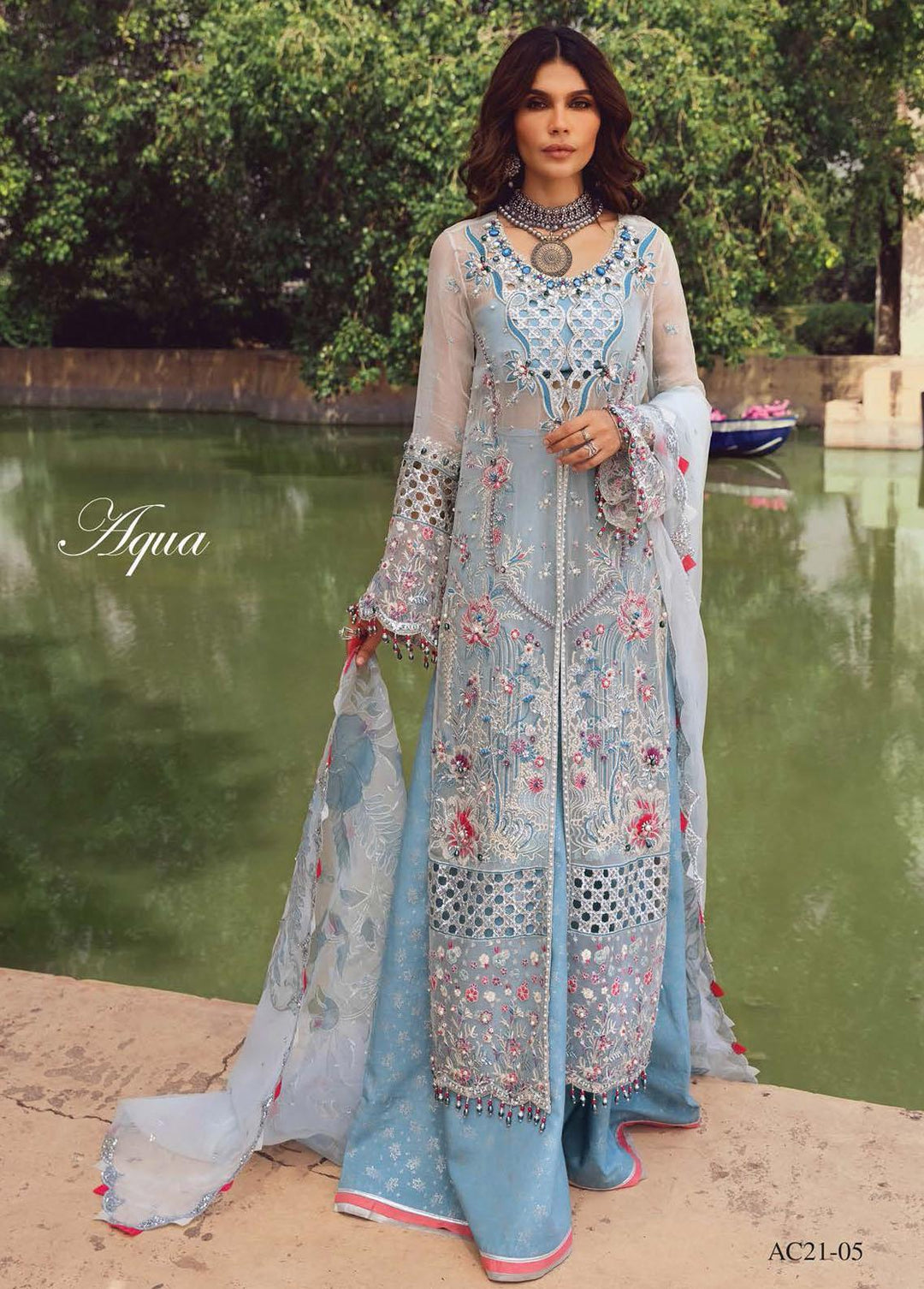Minor Defect - Opulence By Anaya Embroidered Chiffon Suits Unstitched 3 Piece AKC21O AC21-05 Aqua - Luxury Collection