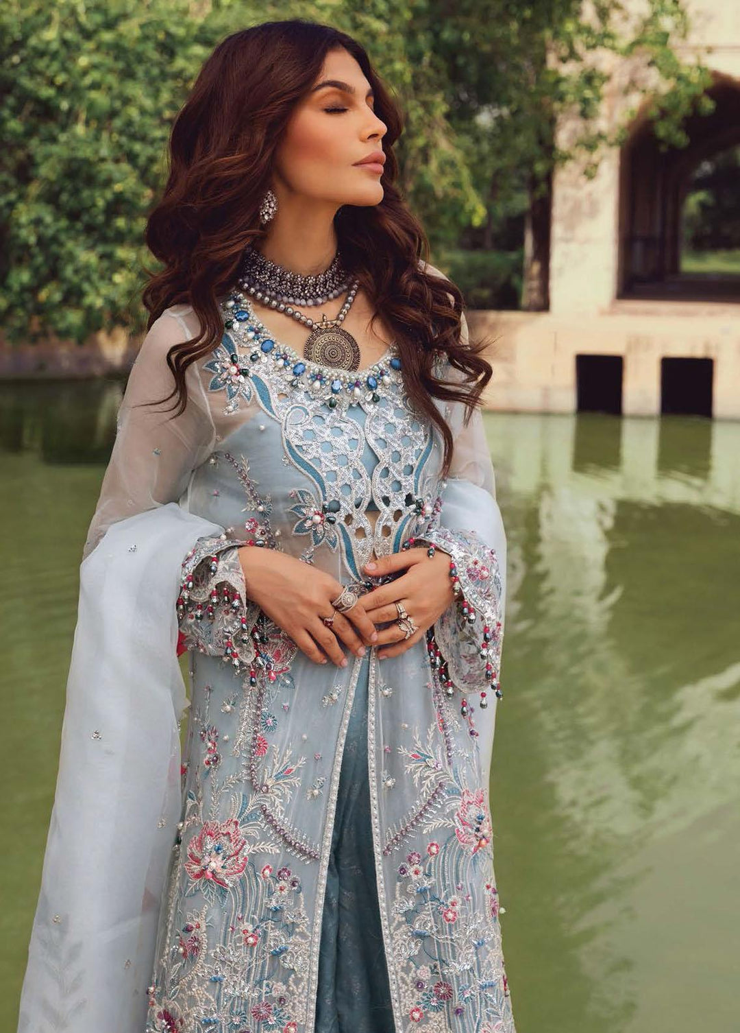 Minor Defect - Opulence By Anaya Embroidered Chiffon Suits Unstitched 3 Piece AKC21O AC21-05 Aqua - Luxury Collection
