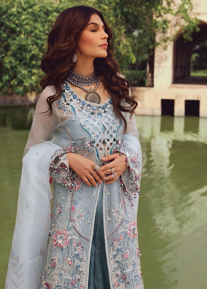 Minor Defect - Opulence By Anaya Embroidered Chiffon Suits Unstitched 3 Piece AKC21O AC21-05 Aqua - Luxury Collection