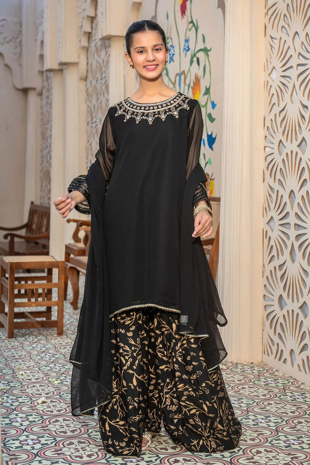 Ochre RTW Embroidered Girls 3 Piece Chiffon Hand Adda Work AC-71 - Summer Collection