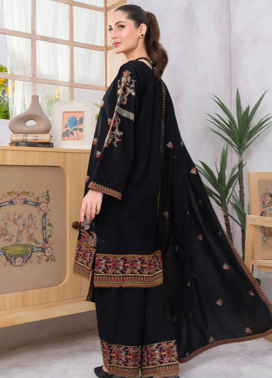 Panache Apparel Pret Embroidered Khaddar 3 Piece Suit Charcoal