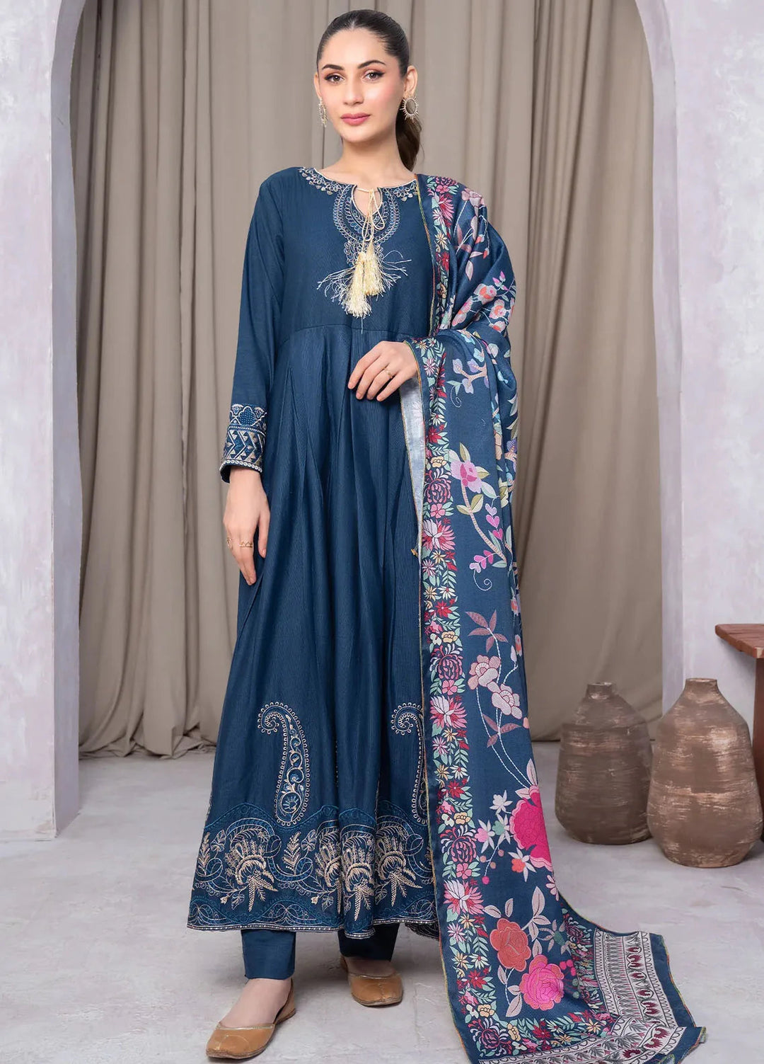 Panache Apparel Pret Embroidered Khaddar 3 Piece Suit Deep Sea