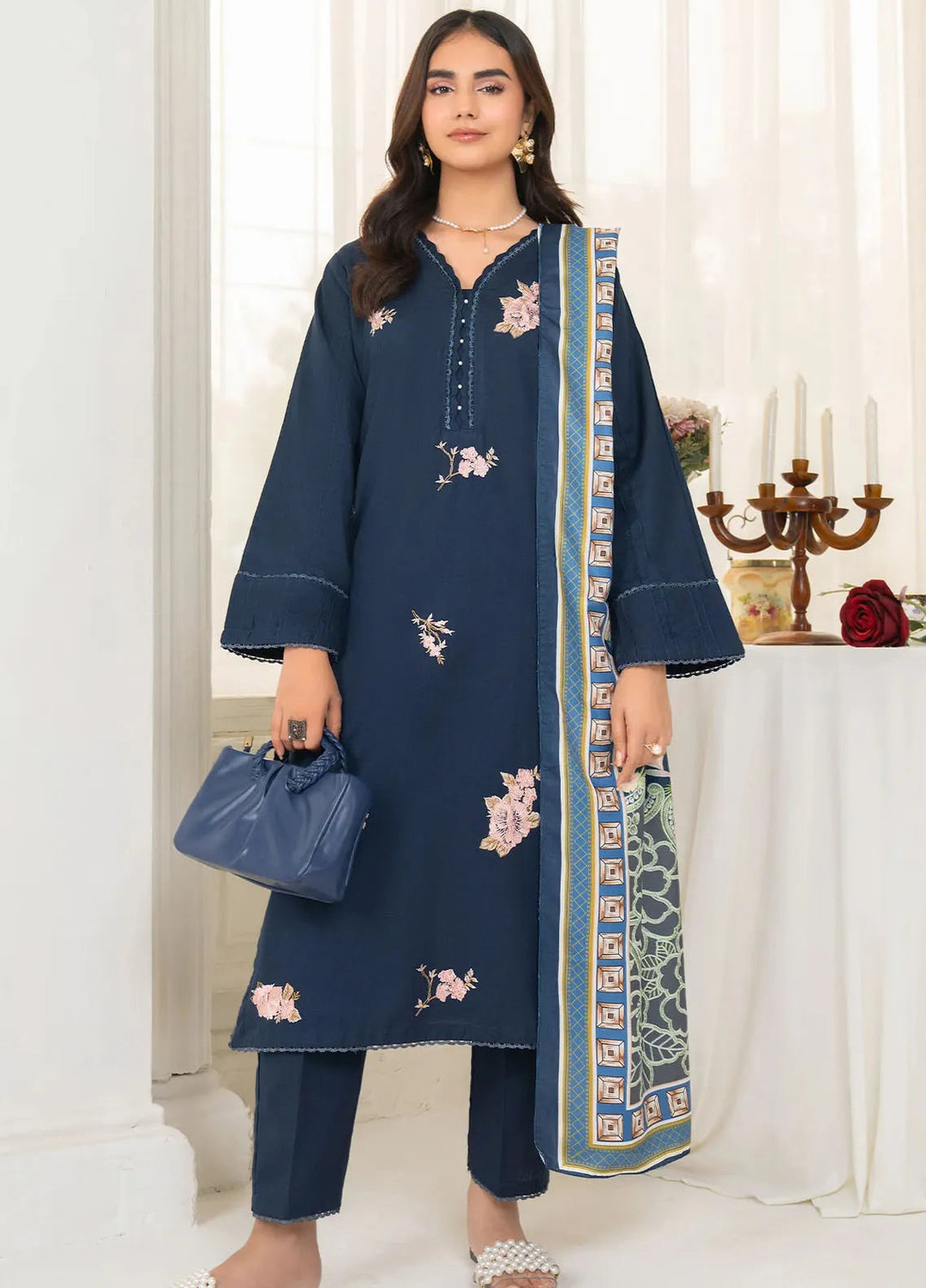 Panache Apparel Pret Embroidered Khaddar 3 Piece Suit Navy Frost