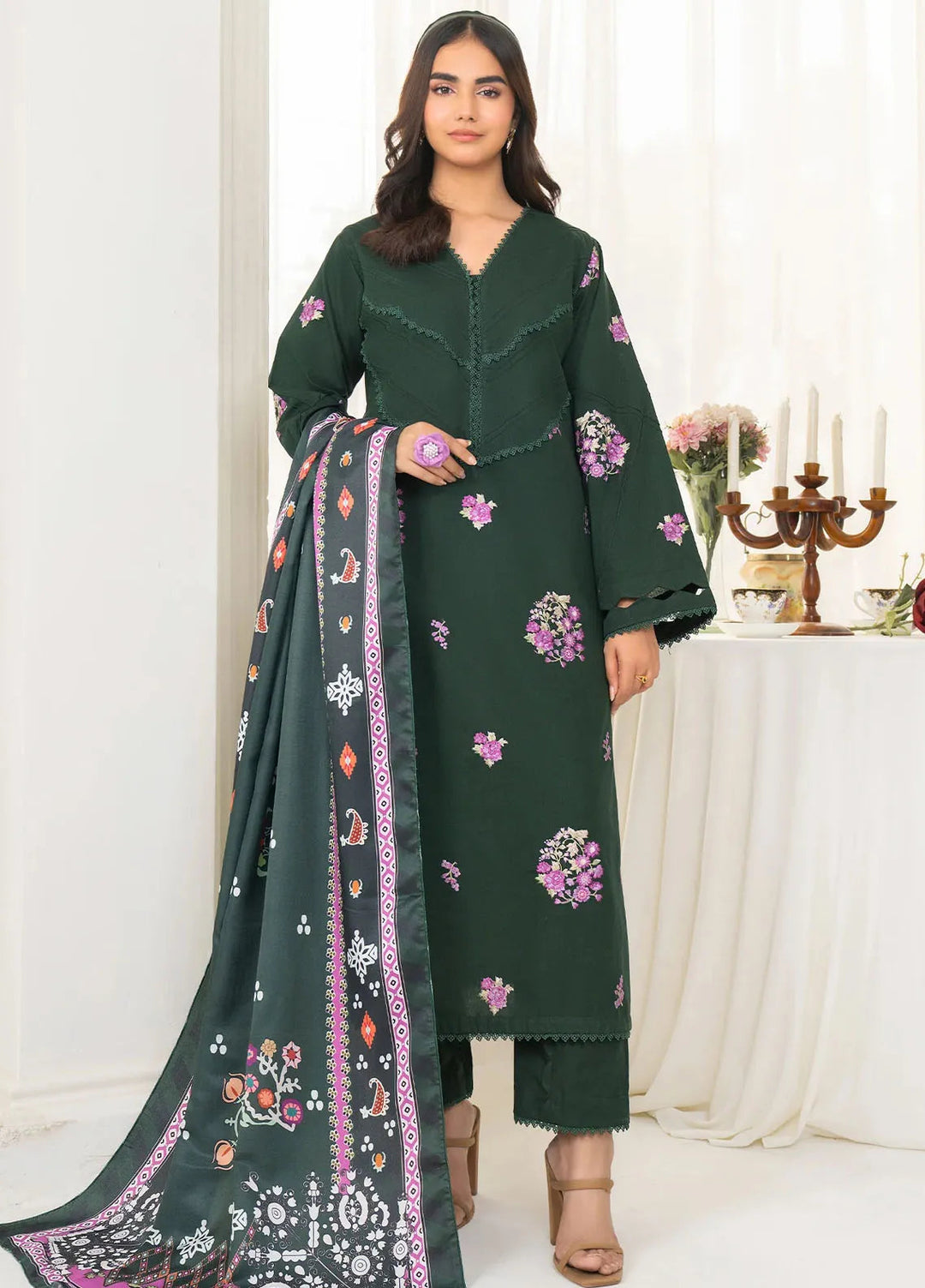 Panache Apparel Pret Embroidered Khaddar 3 Piece Suit Spruce