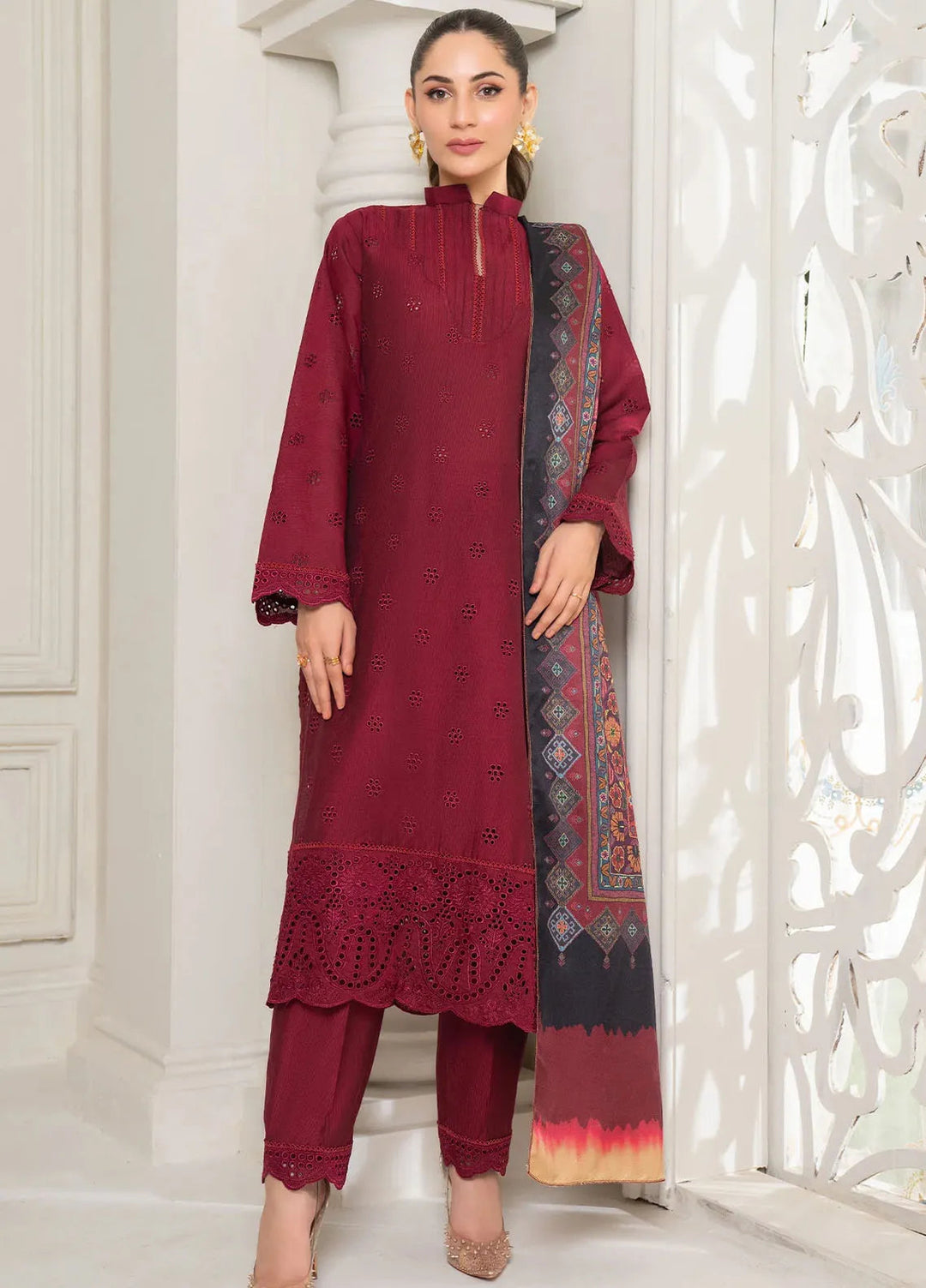 Panache Apparel Pret Embroidered Khaddi 3 Piece Suit Wild Rose