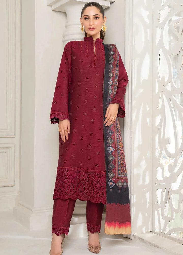 Panache Apparel Pret Embroidered Khaddi 3 Piece Suit Wild Rose