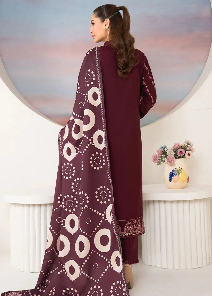 Panache Apparel Pret Embroidered Linen 3 Piece Suit Plum Royale