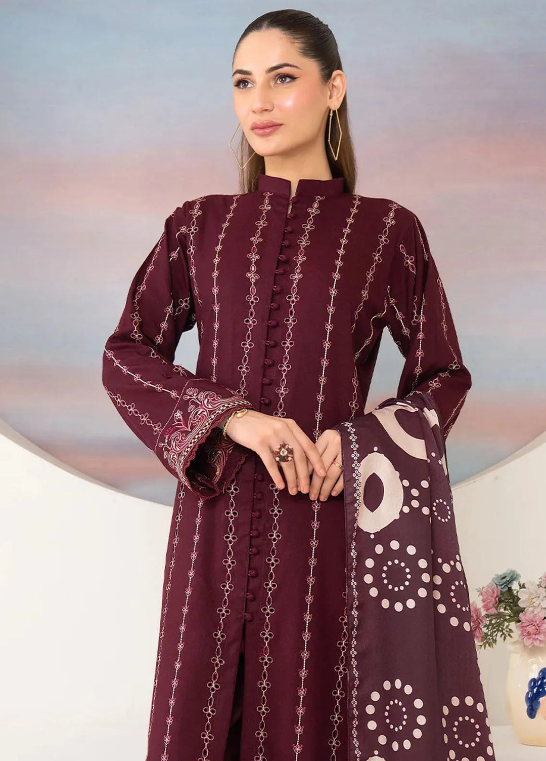 Panache Apparel Pret Embroidered Linen 3 Piece Suit Plum Royale