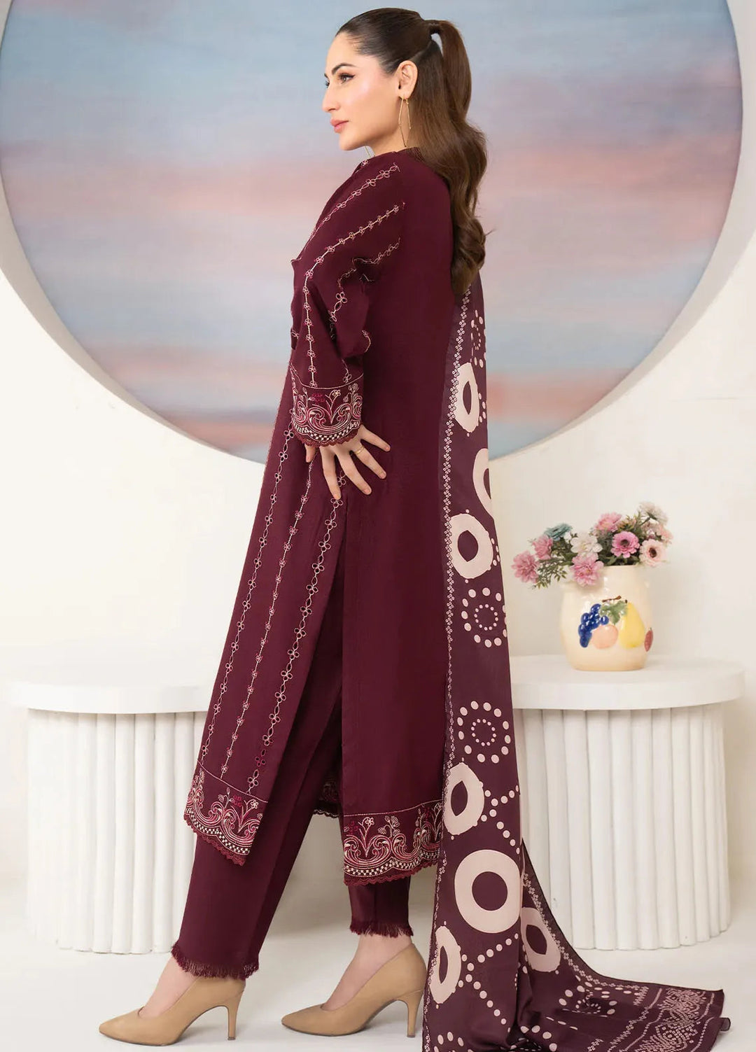 Panache Apparel Pret Embroidered Linen 3 Piece Suit Plum Royale
