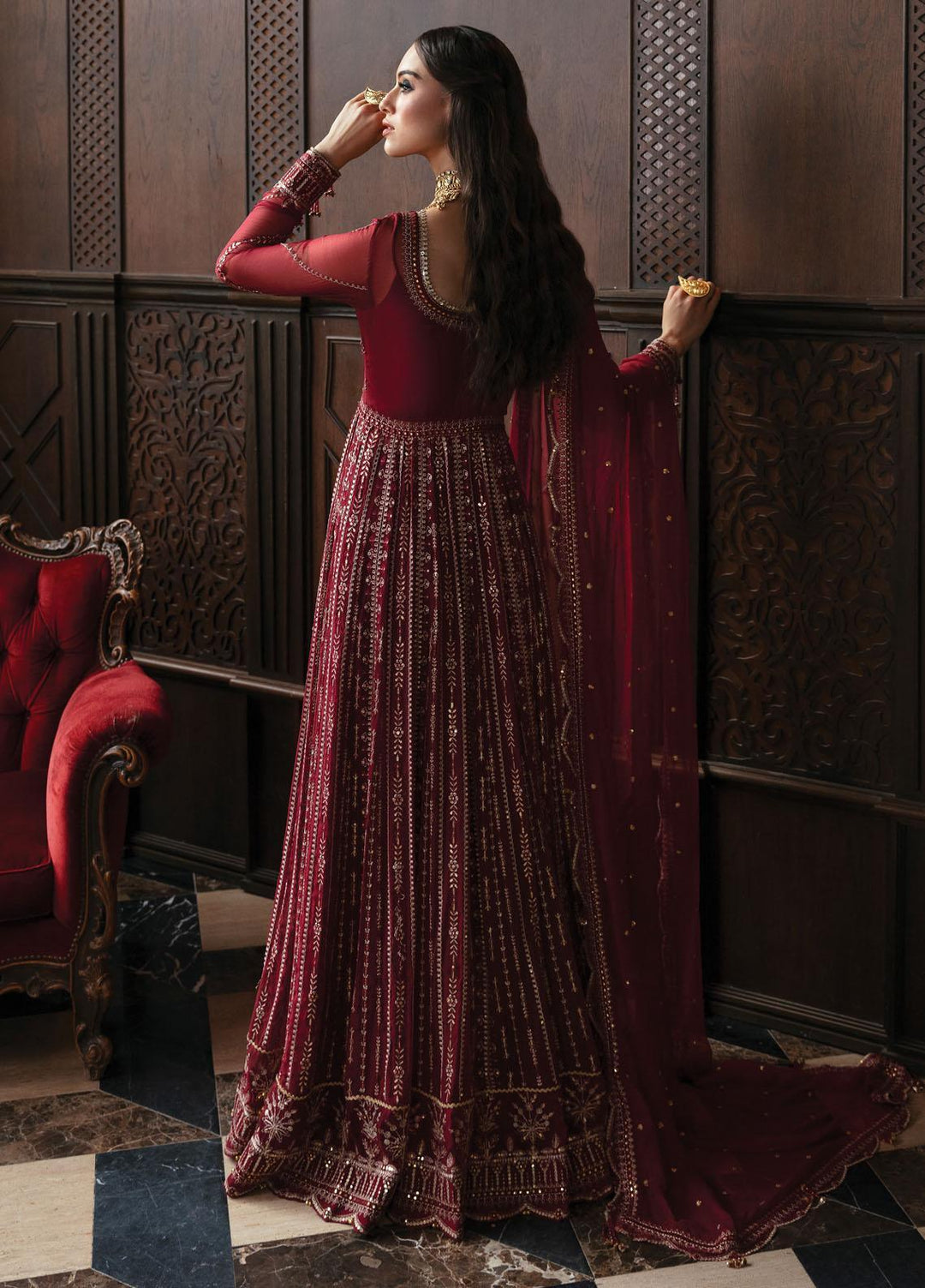 Panache By Ayzel By Afrozeh Embroidered Chiffon Suits Unstitched 3 Piece AAF23PC AZ-V5-03 Sangria - Luxury Collection