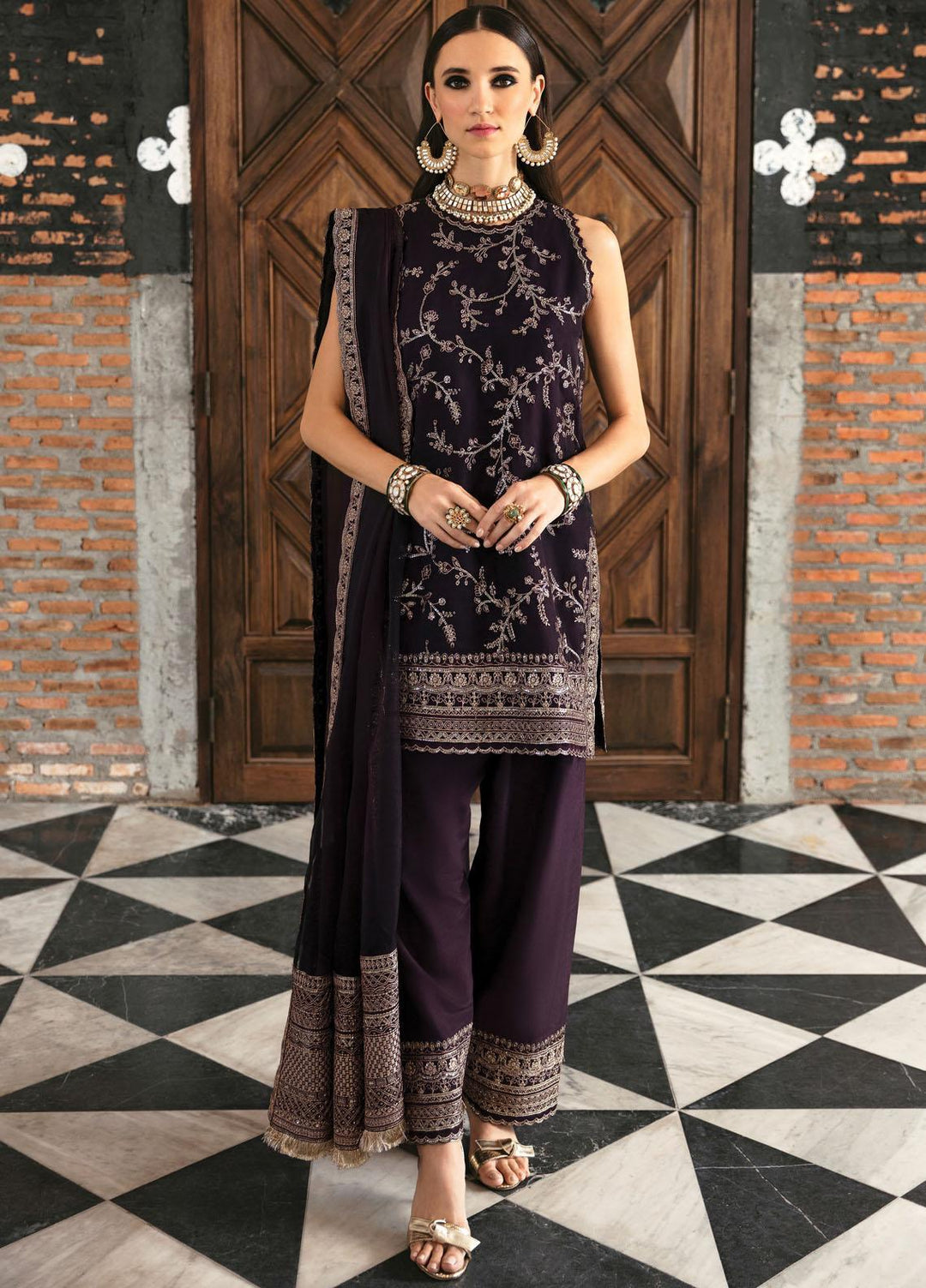 Panache By Ayzel By Afrozeh Embroidered Organza Suits Unstitched 3 Piece AAF23PC AZ-V5-06 Mocha - Luxury Collection