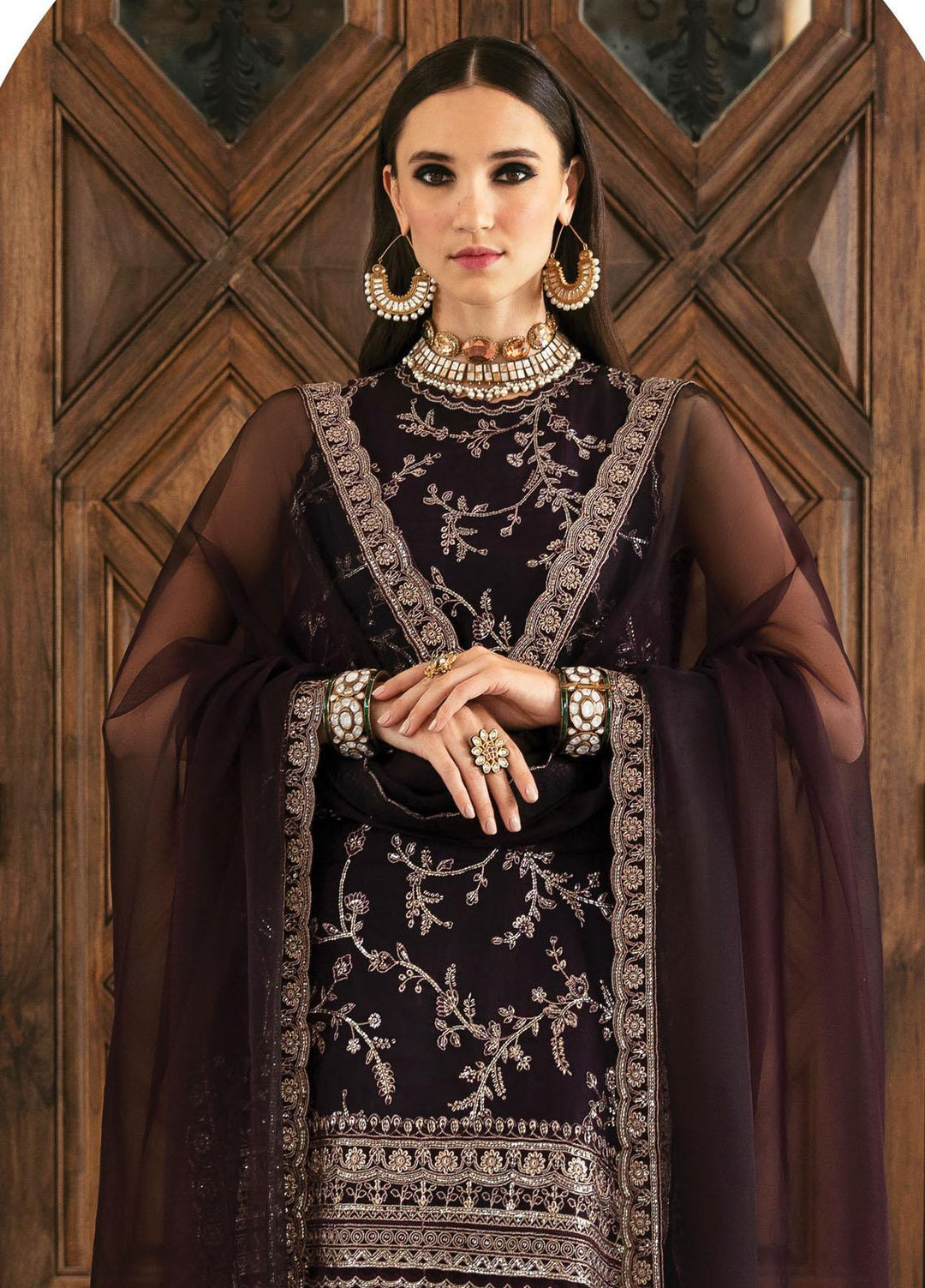 Panache By Ayzel By Afrozeh Embroidered Organza Suits Unstitched 3 Piece AAF23PC AZ-V5-06 Mocha - Luxury Collection