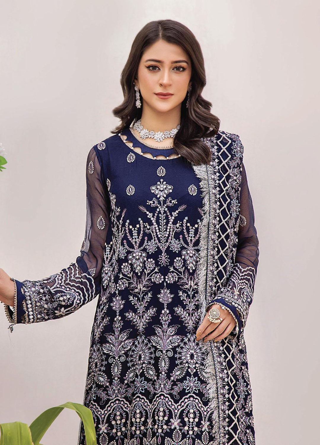 Pareesha By Humdum Embroidered Chiffon Suits Unstitched 3 Piece HD23P-2 D-01 - Luxury Collection