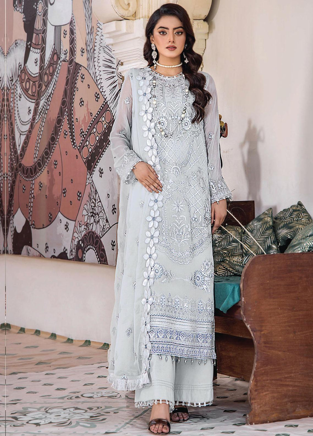 Pareesha By Humdum Embroidered Chiffon Suits Unstitched 3 Piece HD23P-2 D-05 - Luxury Collection