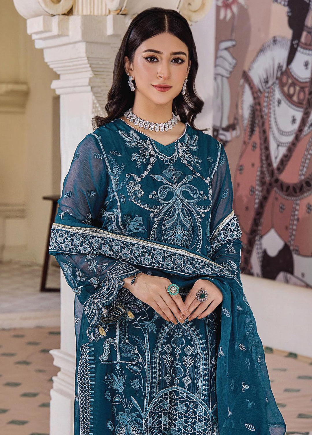 Pareesha By Humdum Embroidered Chiffon Suits Unstitched 3 Piece HD23P-2 D-08 - Luxury Collection