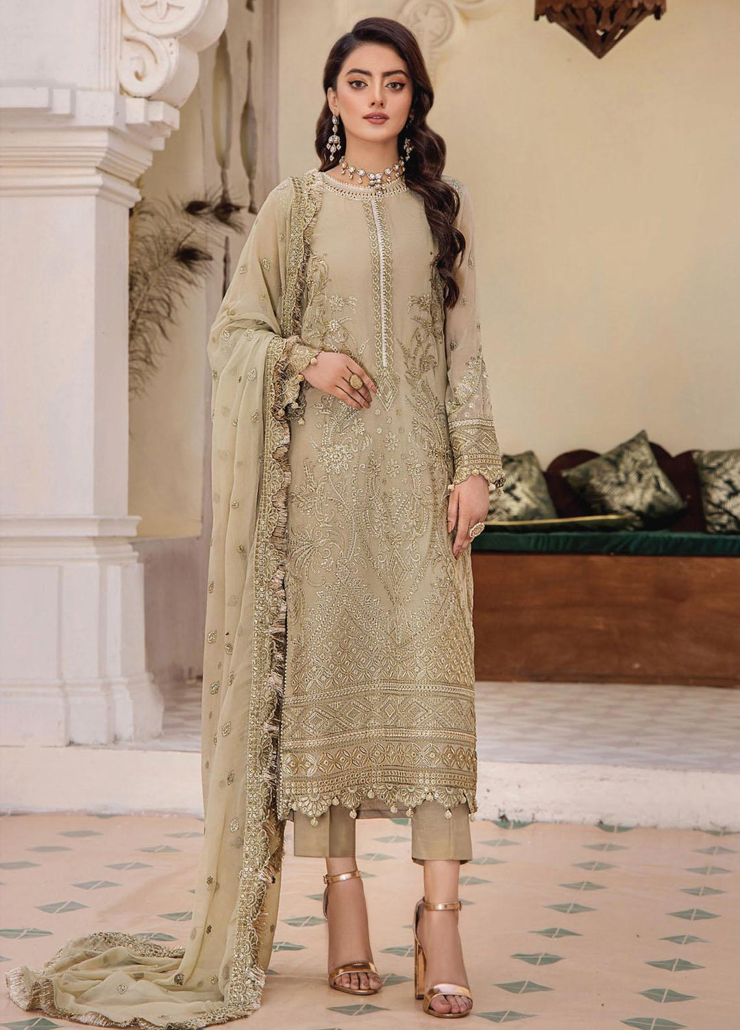 Pareesha By Humdum Embroidered Chiffon Suits Unstitched 3 Piece HD23P-2 D-09 - Luxury Collection
