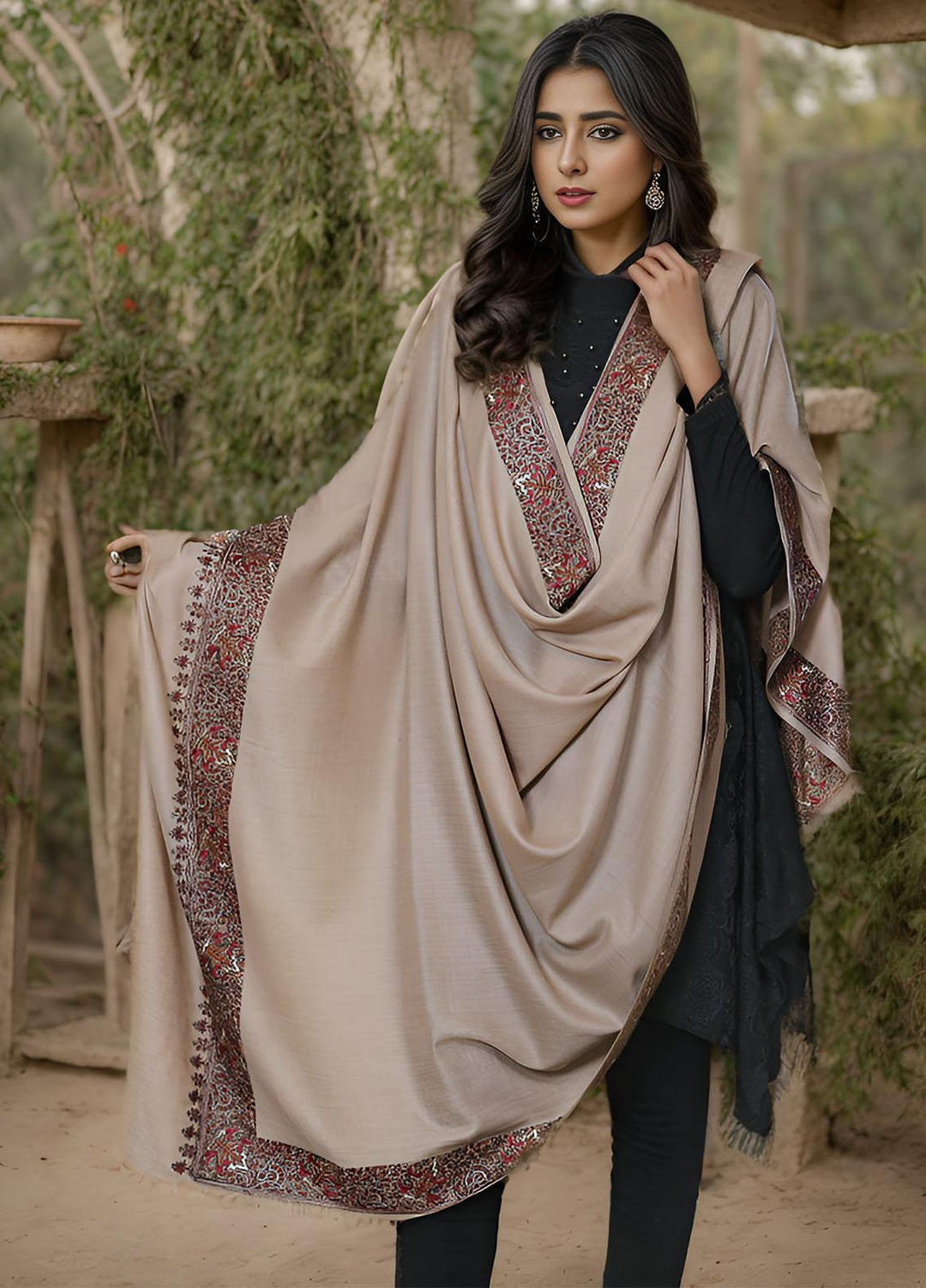 Sanaulla Exclusive Range  Pashmina  Mama D-15 Brown - Women Shawls