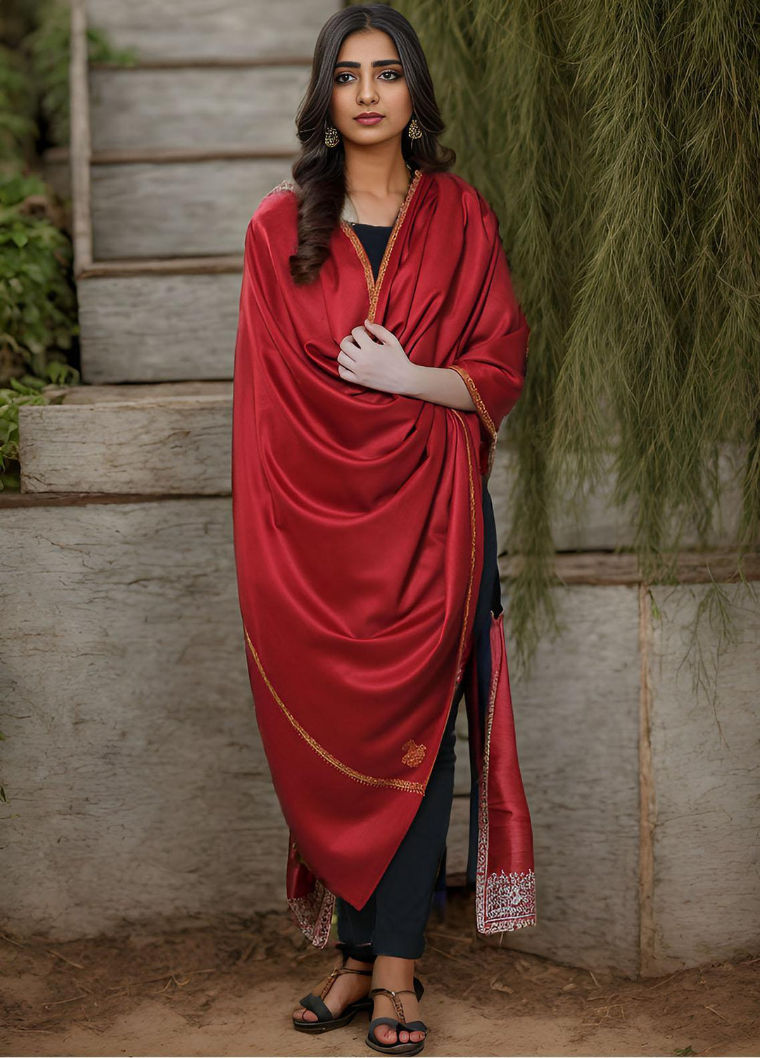 Sanaulla Exclusive Range  Pashmina  KPS 781 D-15 Red - Women Shawls