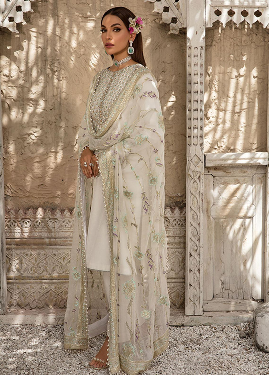 Saffron Pret Embroidered  3 Piece Suit 05 Pearl White